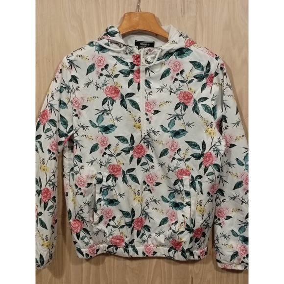 Forever 21 Lightweight Hooded Windbreaker Jacket White Floral Print Men Size‎ S. - Picture 2 of 6